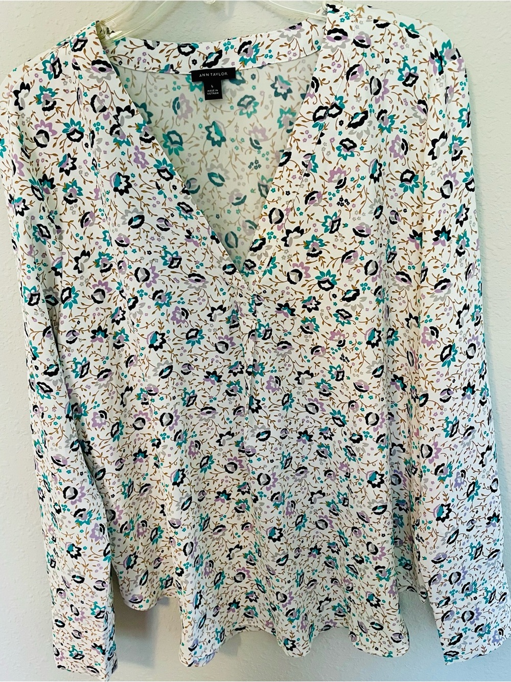 Ann Taylor Cream Floral Blouse with Teal, Green & Lavender